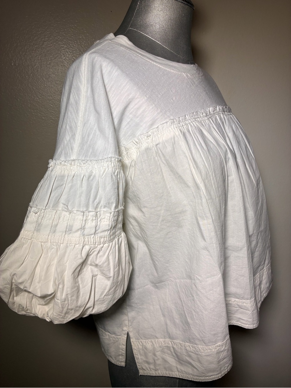 Pilcro Reworked Ruffle Sleeve Top White Cotton Puff Sleeve Mixed Media Blouse S - Picture 4 of 10